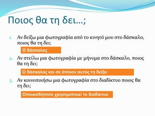 Ποιος θα τη δει…;
1. Αν δείξω μια φωτογραφία από το κινητό μου στο δάσκαλο,
ποιος θα τη δει;
2. Αν στείλω μια φωτογραφία με μήνυμα στο δάσκαλο, ποιος
θα τη δει;
3. Αν κοινοποιήσω μια φωτογραφία στο διαδίκτυο ποιος θα
τη δει;
Ο δάσκαλος
Ο δάσκαλος και σε όποιον αυτός τη δείξει
Οποιοσδήποτε χρησιμοποιεί το διαδίκτυο
 
