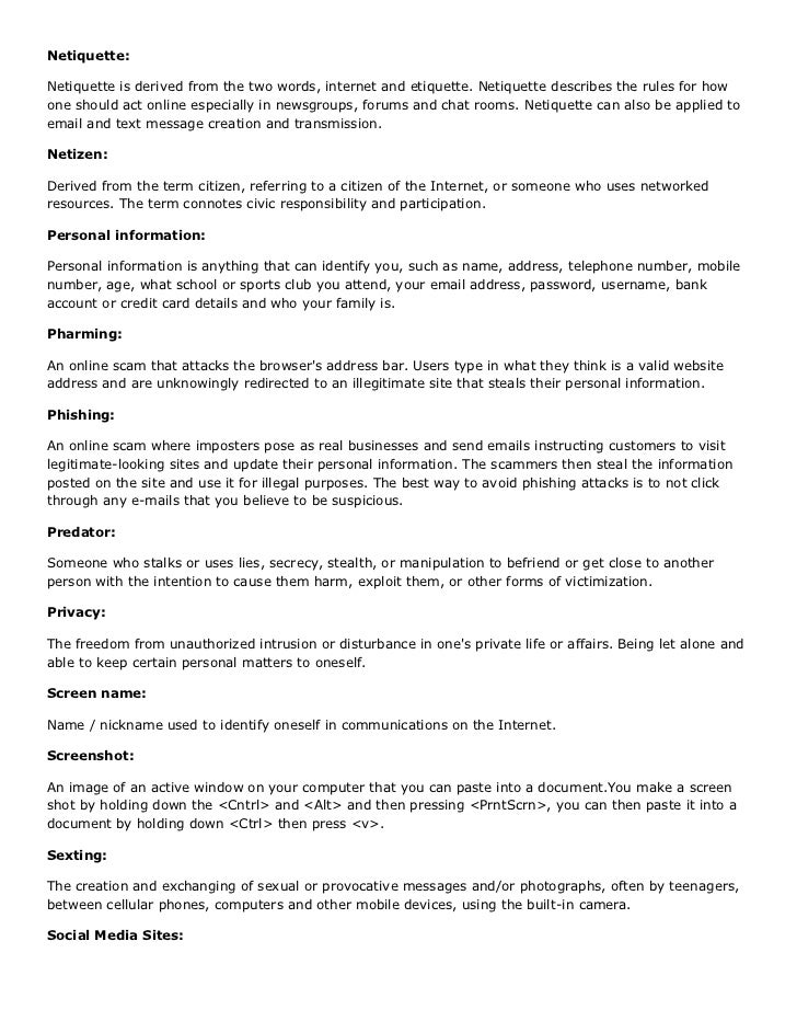 Internet Safety Glossary of Terms Internet Safety Glossary of Terms