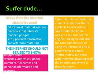 Surfer dude…Ways that the internet should be used Cyber security can limit the amount of material that is available to kids and you could make the home website a kid safe search engine. Talking to kids about the risks and minuses of using the internet is also a good way to promote internet safety but share with them the advantages of the internet and why it is there for them.Educational material, reading materials that interests readers, pen-pal sites, parental information and reference materials The internet should not be used to show:inappropriate websites, addresses, phone numbers, full names and personal information and pictures.