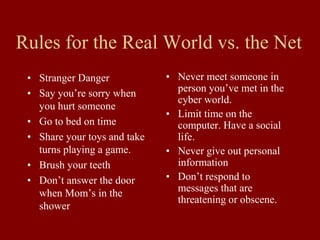 Rules for the Real World vs. the Net
• Stranger Danger
• Say you’re sorry when
you hurt someone
• Go to bed on time
• Share your toys and take
turns playing a game.
• Brush your teeth
• Don’t answer the door
when Mom’s in the
shower
• Never meet someone in
person you’ve met in the
cyber world.
• Limit time on the
computer. Have a social
life.
• Never give out personal
information
• Don’t respond to
messages that are
threatening or obscene.
 