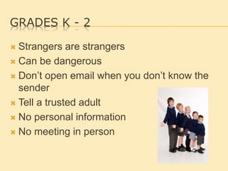 GRADES K - 2
 Strangers are strangers
 Can be dangerous
 Don’t open email when you don’t know the
sender
 Tell a trusted adult
 No personal information
 No meeting in person
 