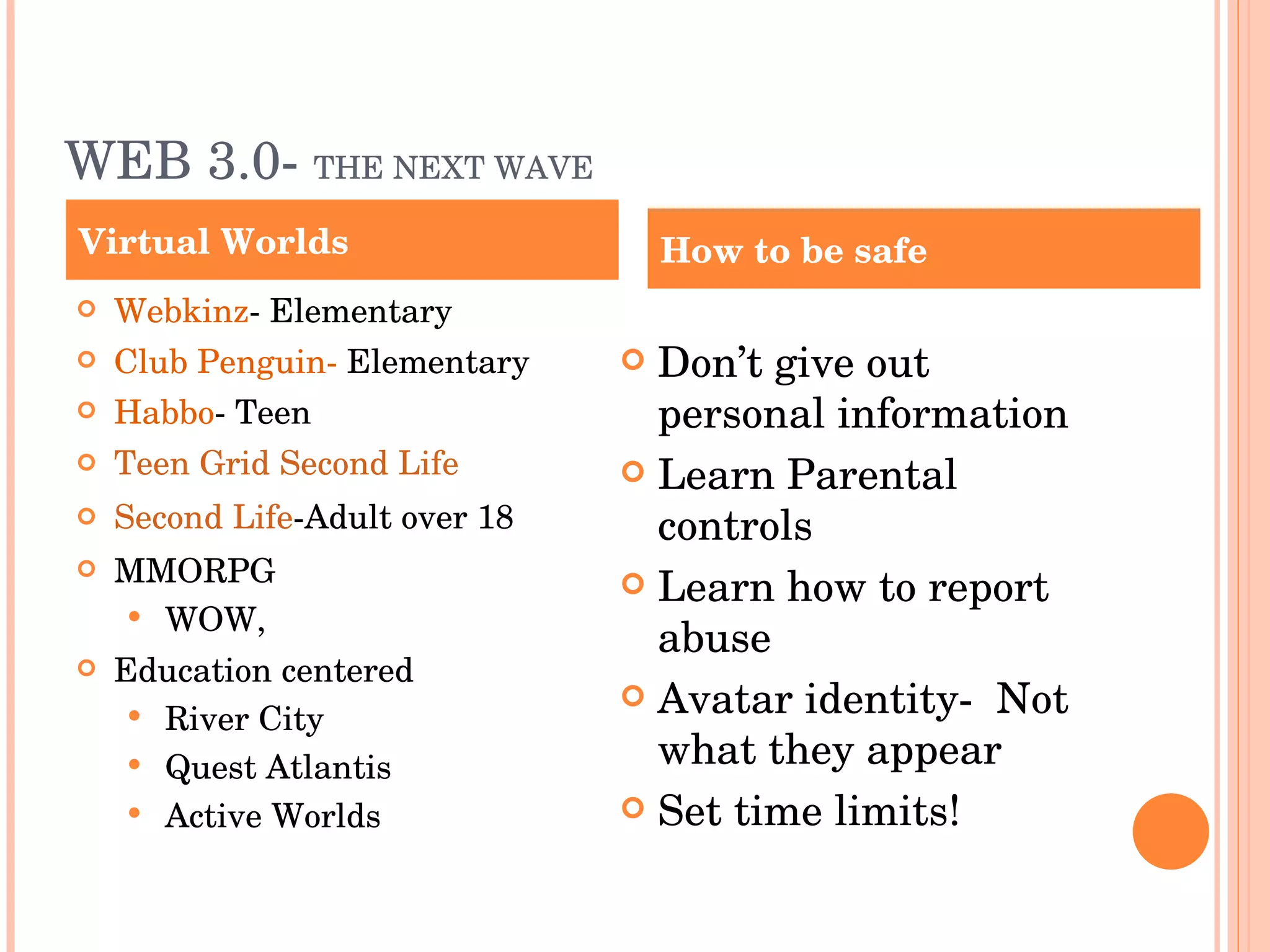 WEB 3.0-  THE NEXT WAVE Webkinz - Elementary Club Penguin-  Elementary Habbo - Teen Teen Grid Second Life Second Life -Adult over 18 MMORPG WOW,  Education centered River City Quest Atlantis Active Worlds Don’t give out personal information Learn Parental controls Learn how to report abuse Avatar identity-  Not what they appear Set time limits! Virtual Worlds How to be safe 