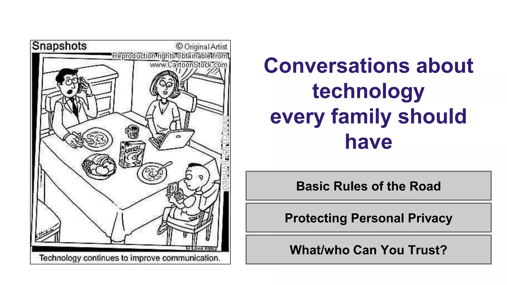 Conversations about
technology
every family should
have
Basic Rules of the Road
Protecting Personal Privacy
What/who Can You Trust?
