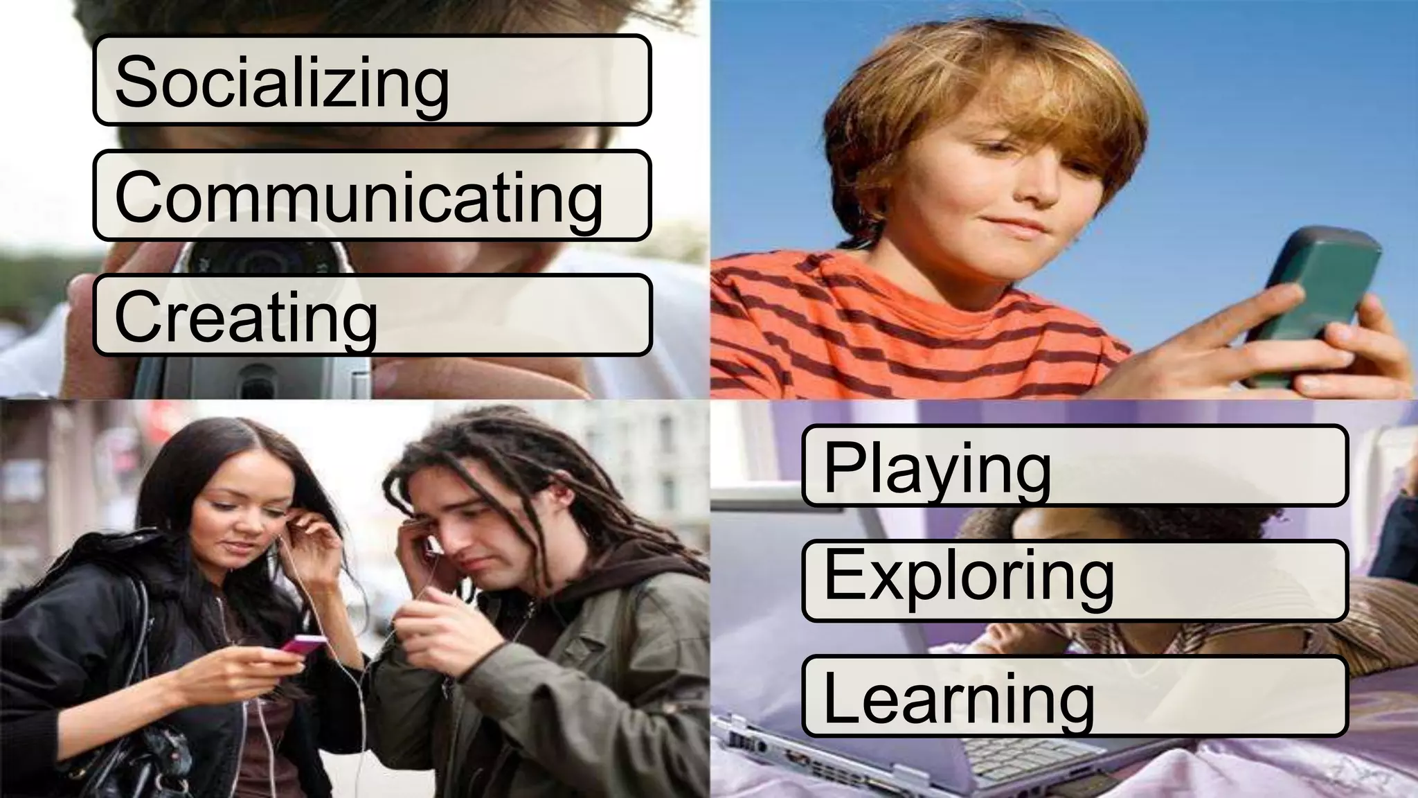 Socializing
Communicating
Creating
Playing
Exploring
Learning