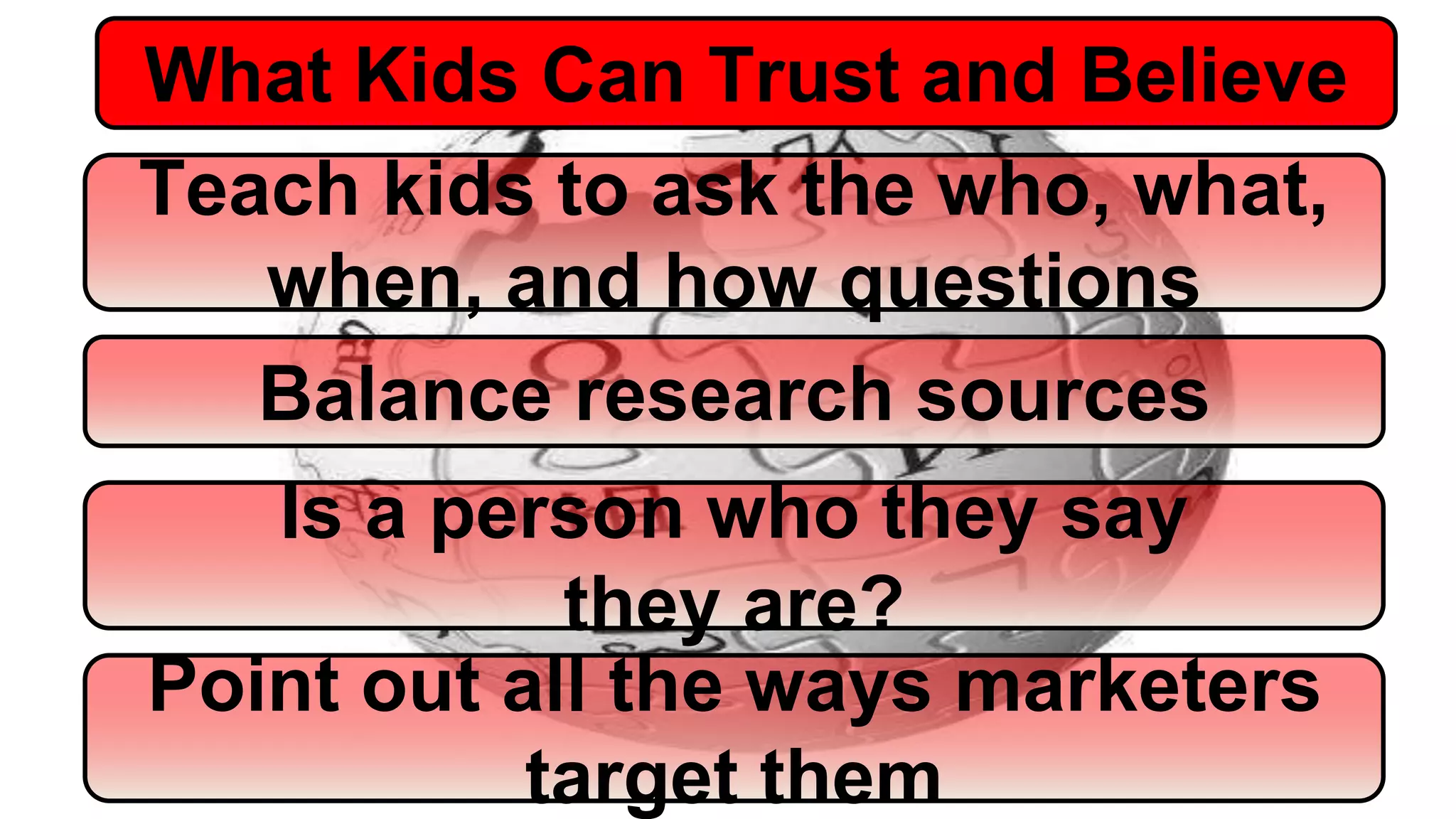 Teach kids to ask the who, what,
when, and how questions
Is a person who they say
they are?
Balance research sources
Point out all the ways marketers
target them
What Kids Can Trust and Believe