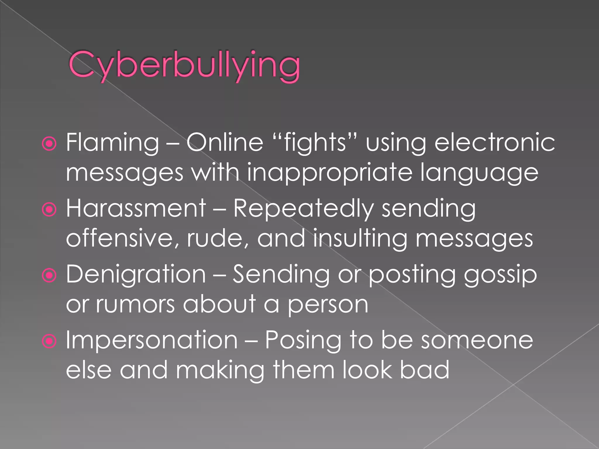Personal Profiles: Social Networking SitesFacebook ,MyspaceAge requirements “No information from children under age 13.”Public vs PrivateKnow who you add: friends vscyberfriendsHave access to your child’s siteBe conscientious of pictures/videosProtecting reputations online, in plain English (commoncraft.com) How You Present Yourself (wiredsafety.org)