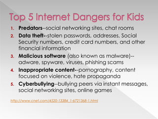 1. Predators--social networking sites, chat rooms
2. Data theft--stolen passwords, addresses, Social
   Security numbers, credit card numbers, and other
   financial information
3. Malicious software (also known as malware)--
   adware, spyware, viruses, phishing scams
4. Inappropriate content--pornography, content
   focused on violence, hate propaganda
5. Cyberbullying--bullying peers via instant messages,
   social networking sites, online games
http://www.cnet.com/4520-13384_1-6721368-1.html
 