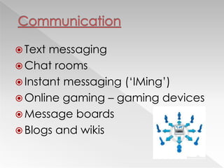  Text messaging
 Chat rooms
 Instant messaging (‗IMing‘)
 Online gaming – gaming devices
 Message boards
 Blogs and wikis
 
