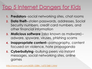 1. Predators--social networking sites, chat rooms
2. Data theft--stolen passwords, addresses, Social
Security numbers, credit card numbers, and
other financial information
3. Malicious software (also known as malware)--
adware, spyware, viruses, phishing scams
4. Inappropriate content--pornography, content
focused on violence, hate propaganda
5. Cyberbullying--bullying peers via instant
messages, social networking sites, online
games
http://www.cnet.com/4520-13384_1-6721368-1.html
 