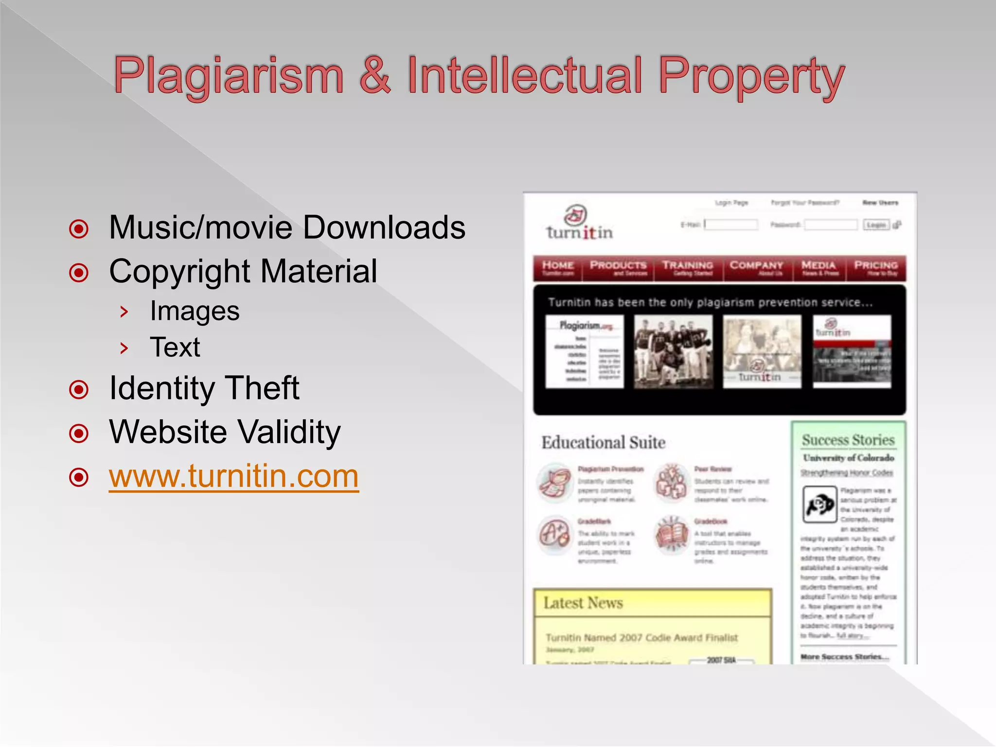  Music/movie Downloads
 Copyright Material
› Images
› Text
 Identity Theft
 Website Validity
 www.turnitin.com
 