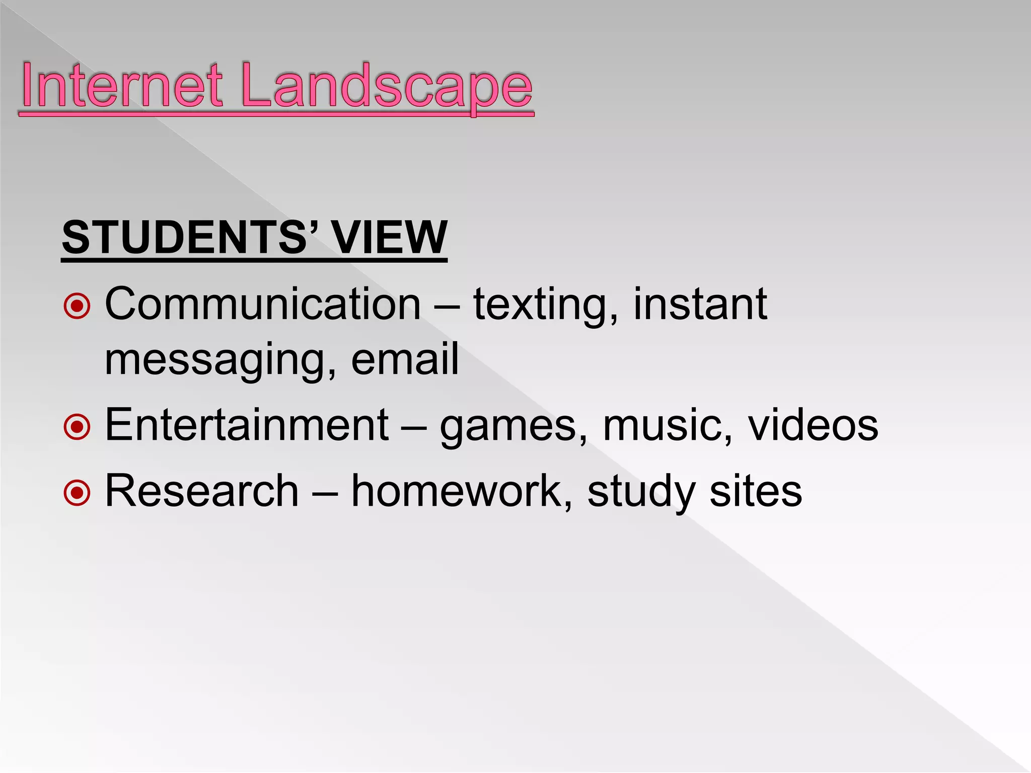 STUDENTS’ VIEW
 Communication – texting, instant
messaging, email
 Entertainment – games, music, videos
 Research – homework, study sites
 