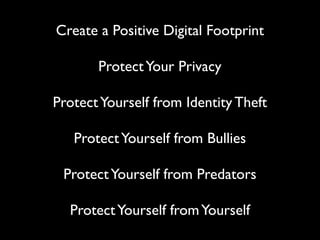 Create a Positive Digital Footprint

       Protect Your Privacy

Protect Yourself from Identity Theft

   Protect Yourself from Bullies

 Protect Yourself from Predators

  Protect Yourself from Yourself
 