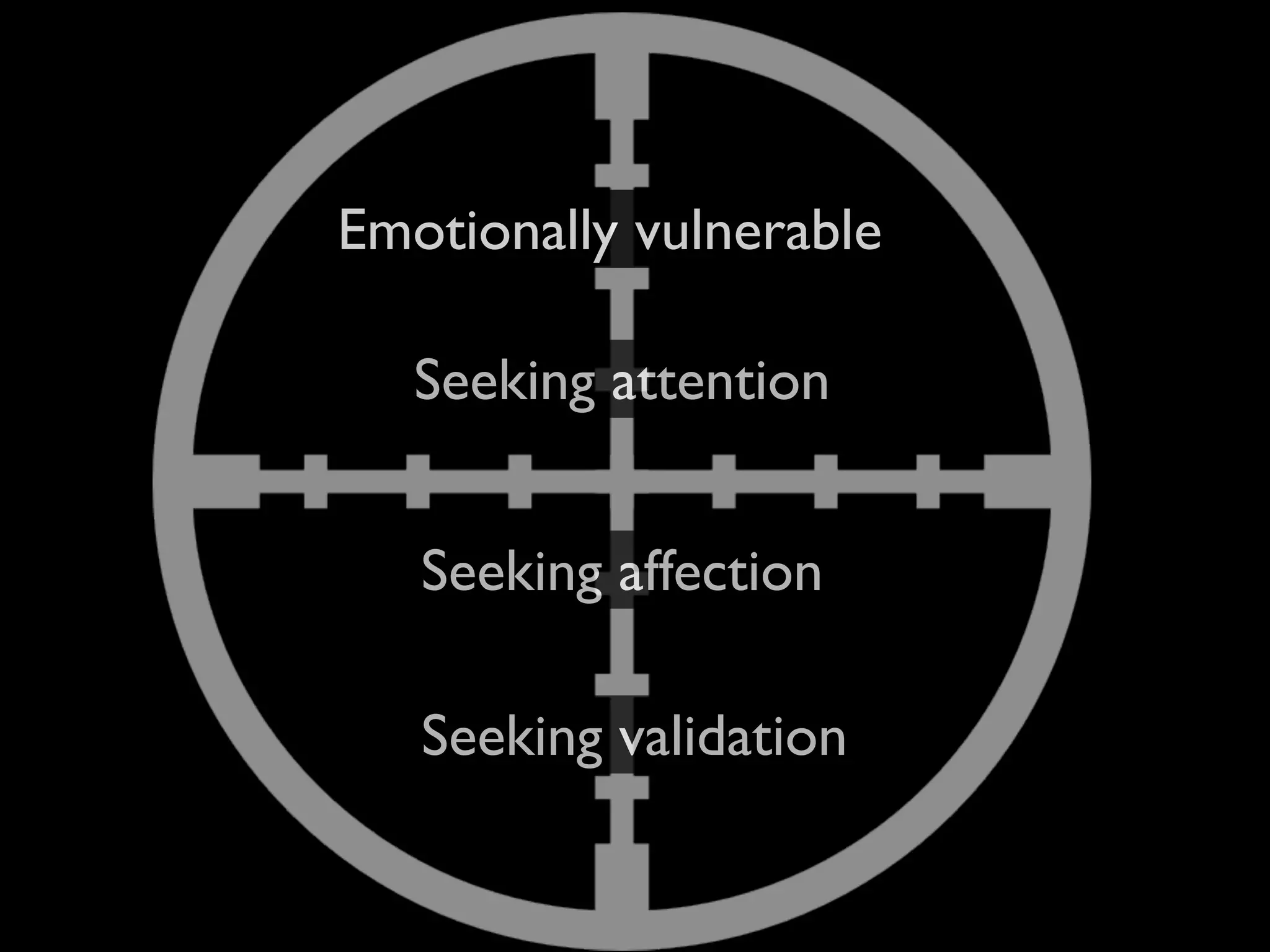 Emotionally vulnerable

   Seeking attention


   Seeking affection

   Seeking validation
 