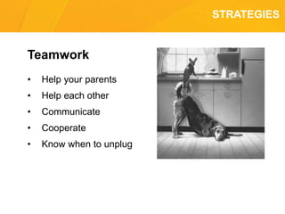 Teamwork
• Help your parents
• Help each other
• Communicate
• Cooperate
• Know when to unplug
STRATEGIES
 