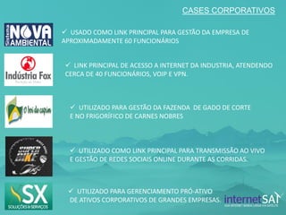 CASES CORPORATIVOS 
LINK PRINCIPAL DE ACESSO A INTERNET DA INDUSTRIA, ATENDENDO CERCA DE 40 FUNCIONÁRIOS, VOIP E VPN. 
USADO COMO LINK PRINCIPAL PARA GESTÃO DA EMPRESA DE APROXIMADAMENTE 60 FUNCIONÁRIOS 
UTILIZADO PARA GESTÃO DA FAZENDA DE GADO DE CORTE E NO FRIGORÍFICO DE CARNES NOBRES 
UTILIZADO COMO LINK PRINCIPAL PARA TRANSMISSÃO AO VIVO E GESTÃO DE REDES SOCIAIS ONLINE DURANTE AS CORRIDAS. 
UTILIZADO PARA GERENCIAMENTO PRÓ-ATIVO DE ATIVOS CORPORATIVOS DE GRANDES EMPRESAS.  