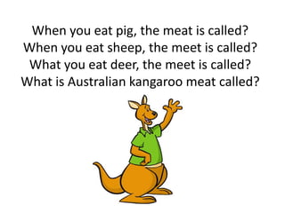 When you eat pig, the meat is called?When you eat sheep, the meet is called?What you eat deer, the meet is called?What is Australian kangaroo meat called? 