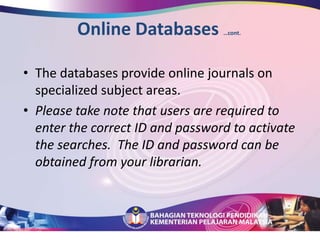 Virtual librariesA collection of materials from a variety of separate libraries that are organized in virtual space using computers and computer network				OrA system by which users access information that resides solely in electronic format on computer networks, without respect to physical location on the information