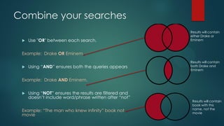 Combine your searches
 Use "OR" between each search.
Example: Drake OR Eminem
 Using “AND” ensures both the queries appears
Example: Drake AND Eminem.
 Using “NOT” ensures the results are filtered and
doesn’t include word/phrase written after “not”
Example: “The man who knew infinity” book not
movie
Results will contain
either Drake or
Eminem
Results will contain
both Drake and
Eminem
Results will contain
book with this
name, not the
movie
 