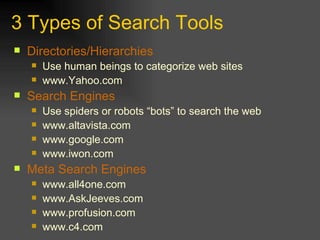 3 Types of Search Tools ,[object Object],[object Object],[object Object],[object Object],[object Object],[object Object],[object Object],[object Object],[object Object],[object Object],[object Object],[object Object],[object Object]