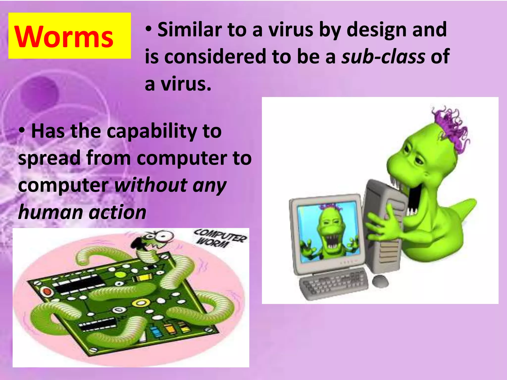 Malware (malicious software) : programs designed to infiltrate or damage our computer