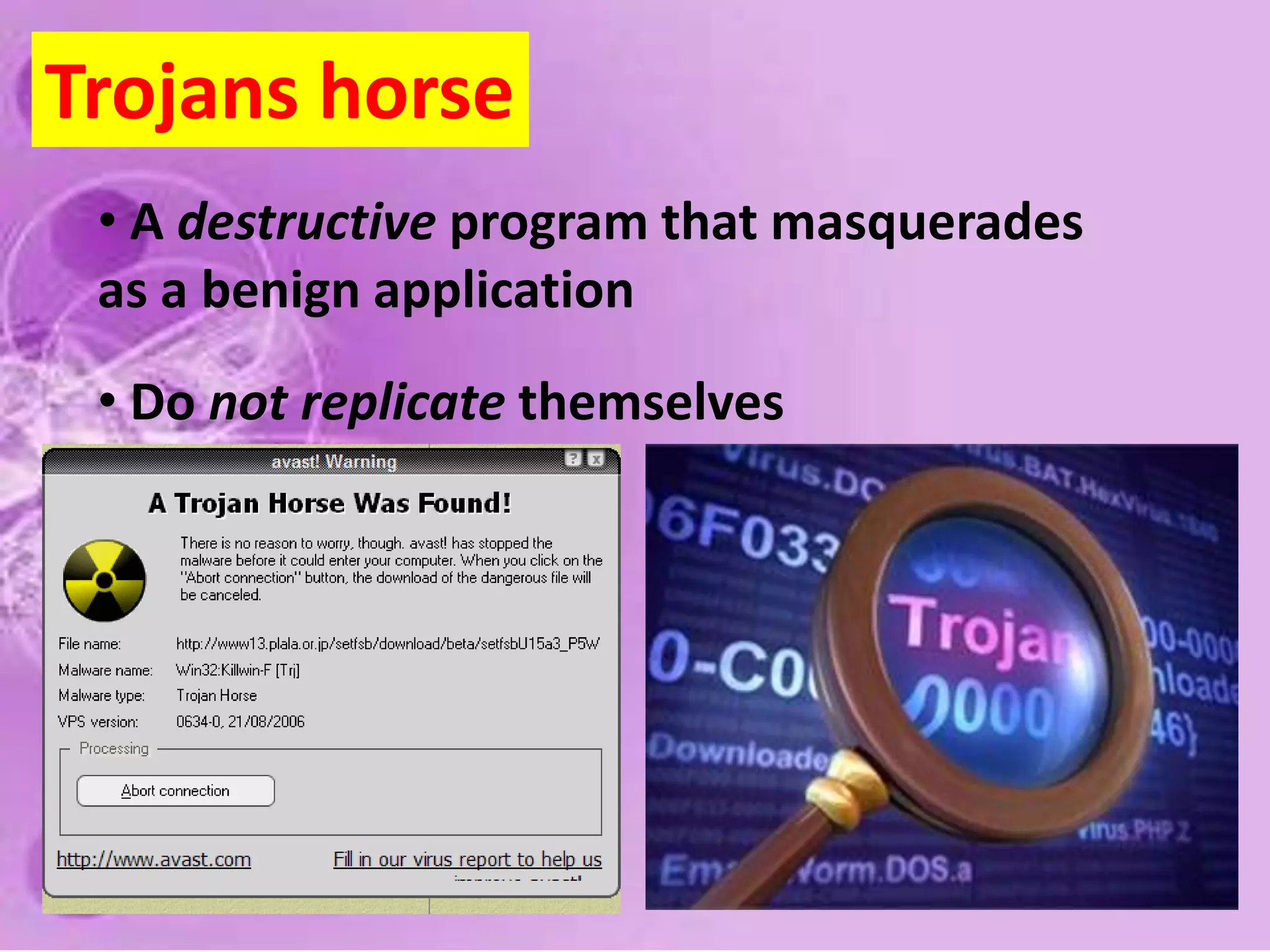 Viruses  A program or piece of code that is loaded onto your computer via a disc drive or the Internet without your knowledge 