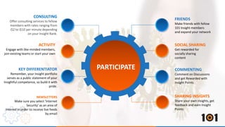 CONSULTING 
Offer consulting services to fellow 
members with rates ranging from 
i$2 to i$10 per minute depending 
on your Insight Rank. 
KEY DIFFERENTIATOR 
Remember, your Insight portfolio 
serves as a public statement of your 
Insightful competence, so build it with 
pride. 
NEWSLETTERS 
Make sure you select ‘Internet 
Security’ as an area of 
interest in order to receive live feeds 
by email 
FRIENDS 
Make friends with fellow 
101 Insight members 
and expand your network 
SHARING INSIGHTS 
Share your own Insights, get 
feedback and earn Insight 
Points 
ACTIVITY 
Engage with like-minded members, 
join existing teams or start your own 
SOCIAL SHARING 
Get rewarded for 
socially sharing 
content 
PARTICIPATE COMMENTING 
Comment on Discussions 
and get Rewarded with 
Insight Points 
 