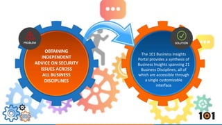 The 101 Business Insights 
Portal provides a synthesis of 
Business Insights spanning 21 
Business Disciplines, all of 
which are accessible through 
a single customizable 
interface 
OBTAINING 
INDEPENDENT 
ADVICE ON SECURITY 
ISSUES ACROSS 
ALL BUSINESS 
DISCIPLINES 
 