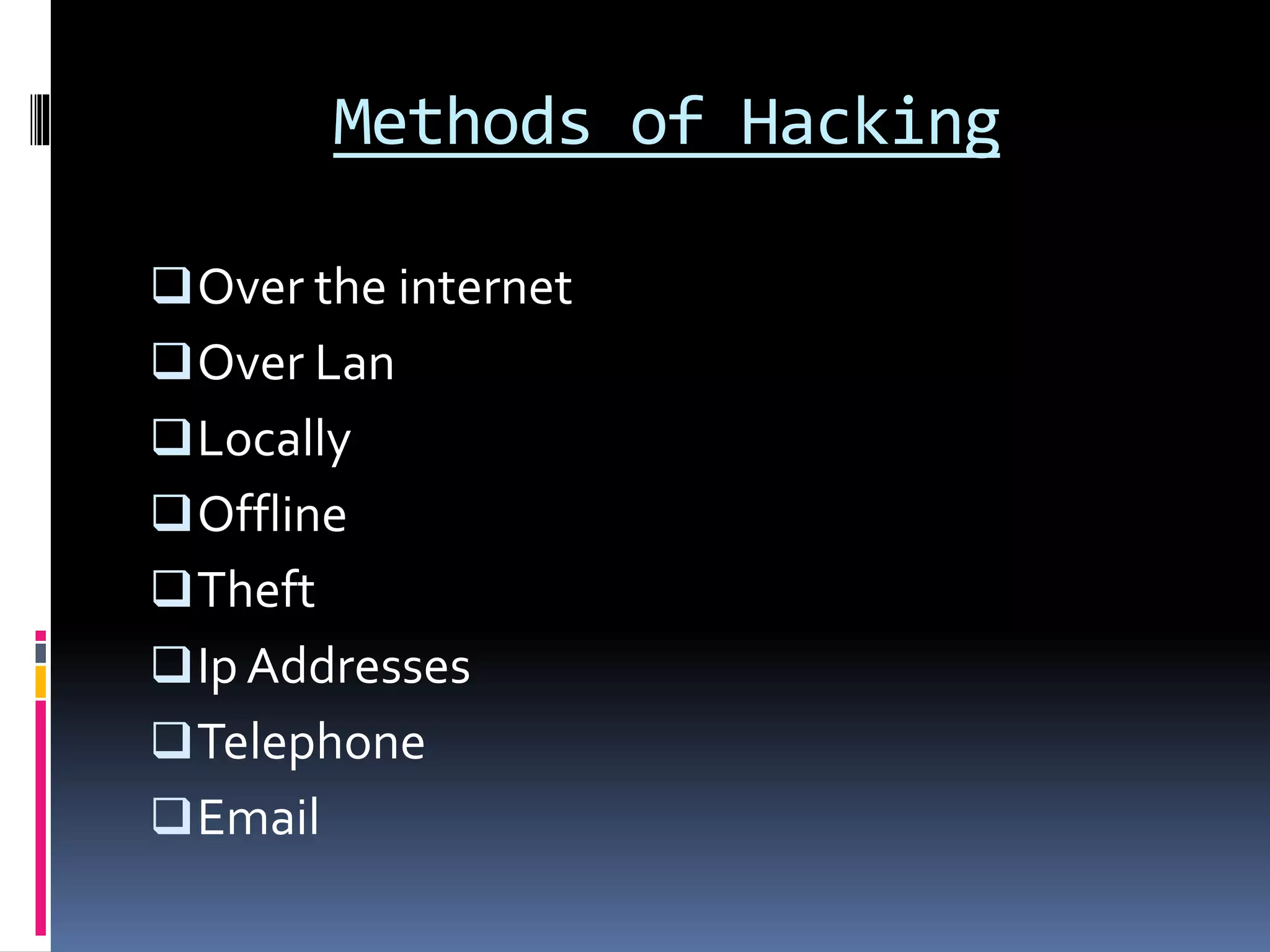 Methods of Hacking
Over the internet
Over Lan
Locally
Offline
Theft
Ip Addresses
Telephone
Email
 