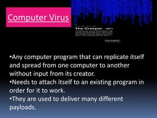 Computer Virus
•Any computer program that can replicate itself
and spread from one computer to another
without input from its creator.
•Needs to attach itself to an existing program in
order for it to work.
•They are used to deliver many different
payloads.
 