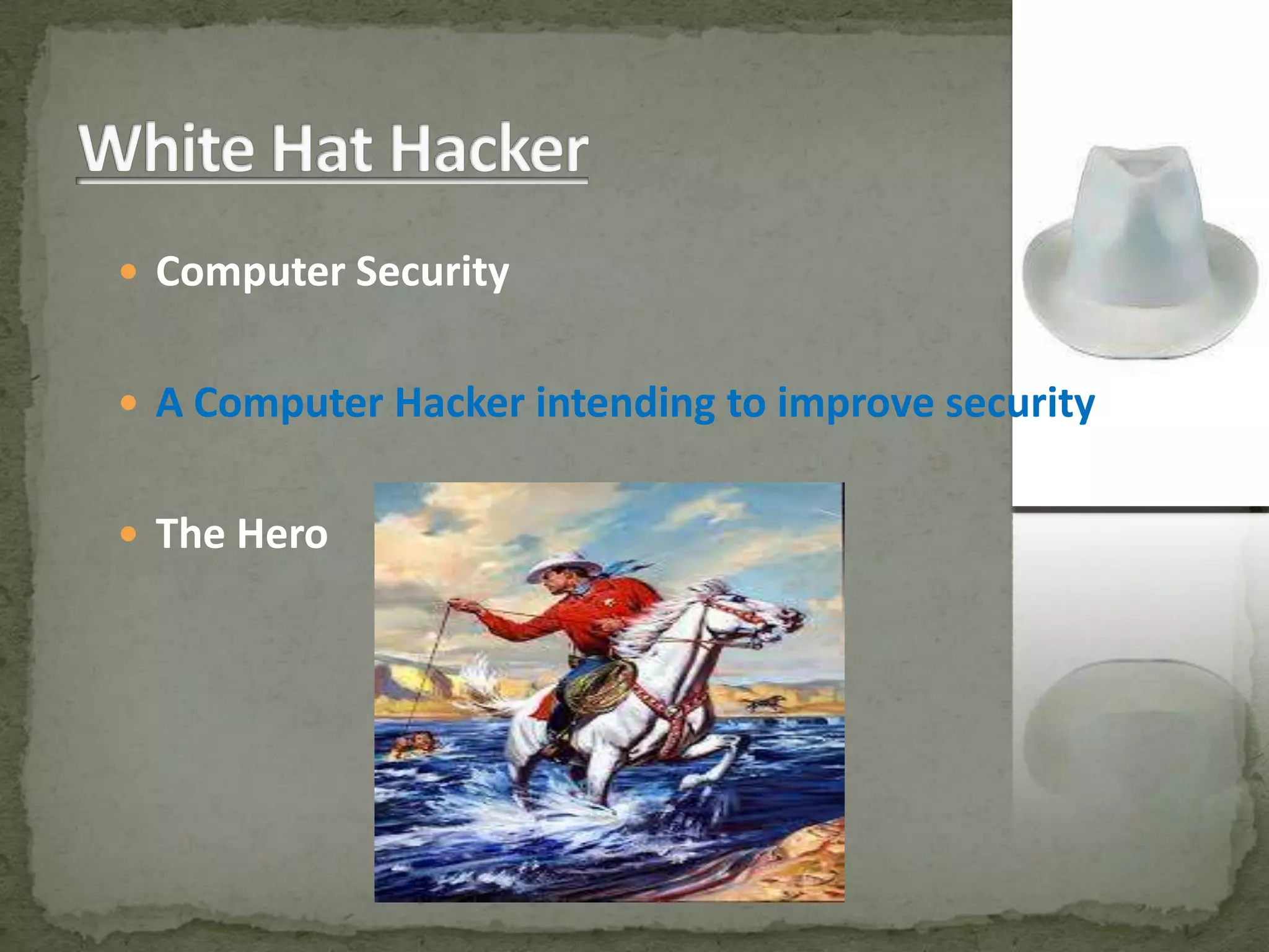  Computer Security


 A Computer Hacker intending to improve security.


 The Hero
 