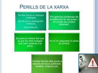 PERILLS DE LA XARXA
 Facilita l'accés a contingut
          inadequat              Pot generar problemes de
                                 socialització en els joves, i
 per als joves: pornografia,        en accés pot produir
          violència,                      aïllament.
       terrorisme,etc.



Es perd el control del que
 es pot fer amb imatges         No hi ha seguretat ni eines
  que hem publicat a la                 de control.
          xarxa.




                Facilita l'accés dels joves a
                abusos de tipus publicitari,
                  estafes, enganys,etc.
 