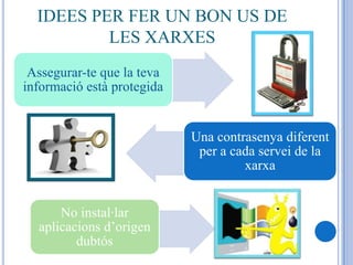 IDEES PER FER UN BON US DE
          LES XARXES
 Assegurar-te que la teva
informació està protegida


                            Una contrasenya diferent
                             per a cada servei de la
                                     xarxa


      No instal·lar
  aplicacions d’origen
         dubtós
 