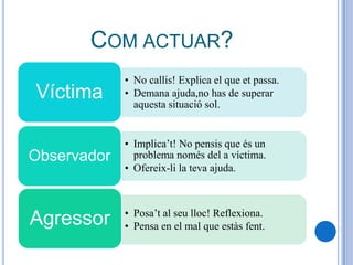 COM ACTUAR?
             • No callis! Explica el que et passa.
Víctima      • Demana ajuda,no has de superar
               aquesta situació sol.


             • Implica’t! No pensis que és un
Observador     problema només del a víctima.
             • Ofereix-li la teva ajuda.



             • Posa’t al seu lloc! Reflexiona.
Agressor     • Pensa en el mal que estàs fent.
 