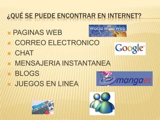 ¿QUÉ SE PUEDE ENCONTRAR EN INTERNET?
 PAGINAS WEB
 CORREO ELECTRONICO
 CHAT
 MENSAJERIA INSTANTANEA
 BLOGS
 JUEGOS EN LINEA
 