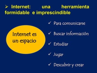  Internet: una herramienta
formidable e imprescindible
Internet es
un espacio
 Para comunicarse
 Buscar información
 Estudiar
 Jugar
 Descubrir y crear
 