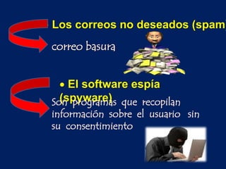  Los correos no deseados (spam)
 El software espía
(spyware)
correo basura
Son programas que recopilan
información sobre el usuario sin
su consentimiento
 