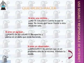 Si eres una víctima….
¡¡¡NO TE CALLES!!!! Cuenta lo que te
pasa. No tienes que hacer frente a esta
situación solo.
Si eres un agresor…
¡¡¡PONTE EN SU LUGAR!!!! Recapacita y
piensa en el daño que estás haciendo.
Si eres un observador…
¡¡¡IMPLÍCATE!!! No pienses que es un
problema sólo de la víctima. Préstale tu
ayuda.
15
 
