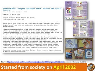 Source: http://www.mail-archive.com/komunitas@sekolah2000.org/msg00703.html (accessed on February 4th, 2012)



Started from society on April 2002
 