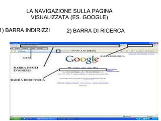 LA NAVIGAZIONE SULLA PAGINA VISUALIZZATA (ES. GOOGLE) 1) BARRA INDIRIZZI 2) BARRA DI RICERCA 