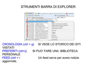 STRUMENTI BARRA DI EXPLORER CRONOLOGIA (ctrl + g)      SI VEDE LO STORICO DEI SITI VISITATI  PREFERITI (ctrl+j)        SI PUO' FARE UNA  BIBLIOTECA PERSONALE FEED (ctrl + i )                      Un feed serve per avere notizie aggiornate. 