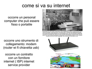 come si va su internet occorre un personal computer che può essere fisso o portatile occorre uno strumento di collegamento: modem (router wi fi chiavetta usb) occorre un contratto con un fornitore internet ( ISP) internet service provider 