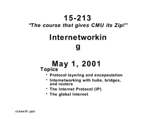Internetworkin
g
May 1, 2001
Topics
• Protocol layering and encapsulation
• Internetworking with hubs, bridges,
and routers
• The Internet Protocol (IP)
• The global Internet
class30.ppt
15-213
“The course that gives CMU its Zip!”
 