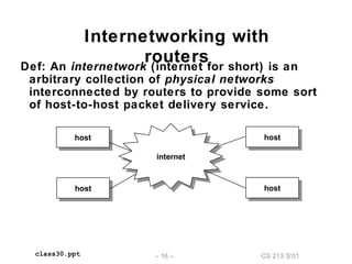 CS 213 S’01– 16 –class30.ppt
Internetworking with
routersDef: An internetwork (internet for short) is an
arbitrary collection of physical networks
interconnected by routers to provide some sort
of host-to-host packet delivery service.
internetinternet
hosthost
hosthost
hosthost
hosthost
 