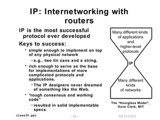 CS 213 S’01– 22 –class30.ppt
IP: Internetworking with
routers
The “Hourglass Model”,
Dave Clark, MIT
IP
Many different kinds
of applications
and
higher-level
protocols
Many different
kinds
of networks
IP is the most successful
protocol ever developed
Keys to success:
• simple enough to implement on top
of any physical network
– e.g., two tin cans and a string.
• rich enough to serve as the base
for implementations of more
complicated protocols and
applications.
– The IP designers never dreamed
of something like the Web.
• “rough consensus and working
code”
– resulted in solid implementable
specs.
 