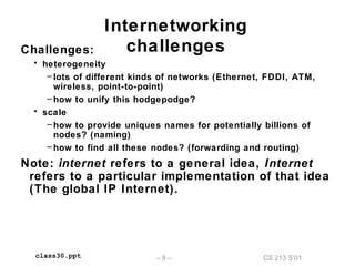 CS 213 S’01– 9 –class30.ppt
Internetworking
challengesChallenges:
• heterogeneity
– lots of different kinds of networks (Ethernet, FDDI, ATM,
wireless, point-to-point)
– how to unify this hodgepodge?
• scale
– how to provide uniques names for potentially billions of
nodes? (naming)
– how to find all these nodes? (forwarding and routing)
Note: internet refers to a general idea, Internet
refers to a particular implementation of that idea
(The global IP Internet).
 