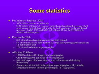 Some statistics
   Sex Industry Statistics (2003)
     – $57.0 billion revenue world-wide
     – $12.0 billion of this is US revenue, more than all combined revenues of all
       professional football, baseball and basketball franchises or the combined
       revenues of ABC, CBS, and NBC (6.2 billion). $2.5 of the $12 billion is
       related to internet porn.

   Porn on the Web
     – 25% of total search engine requests are porn-related.
     – 8% of total emails are porn-related. Average daily pornographic emails are
       4.5 per internet user
     – 12% of total websites are pornographic

   Affecting Children
     – 100,000 websites offer illegal child pornography.
     – Child pornography generates $3 billion annually.
     – 90% of 8-16 year olds have viewed porn online (most while doing
       homework).
     – Average age of first internet exposure to pornography is 11 years old.
     – Largest consumer of internet pornography 12-17 age group.
 