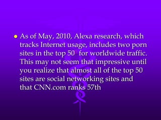    As of May, 2010, Alexa research, which
    tracks Internet usage, includes two porn
    sites in the top 503 for worldwide traffic.
    This may not seem that impressive until
    you realize that almost all of the top 50
    sites are social networking sites and
    that CNN.com ranks 57th
 