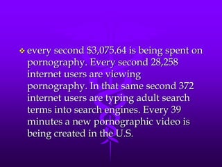  everysecond $3,075.64 is being spent on
 pornography. Every second 28,258
 internet users are viewing
 pornography. In that same second 372
 internet users are typing adult search
 terms into search engines. Every 39
 minutes a new pornographic video is
 being created in the U.S.
 