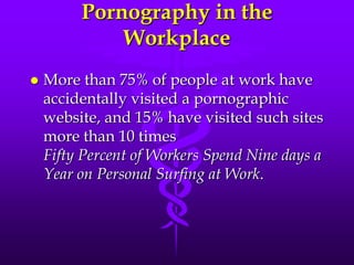 Pornography in the
             Workplace
   More than 75% of people at work have
    accidentally visited a pornographic
    website, and 15% have visited such sites
    more than 10 times
    Fifty Percent of Workers Spend Nine days a
    Year on Personal Surfing at Work.
 