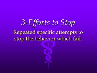 3-Efforts to Stop
Repeated specific attempts to
stop the behavior which fail.
 